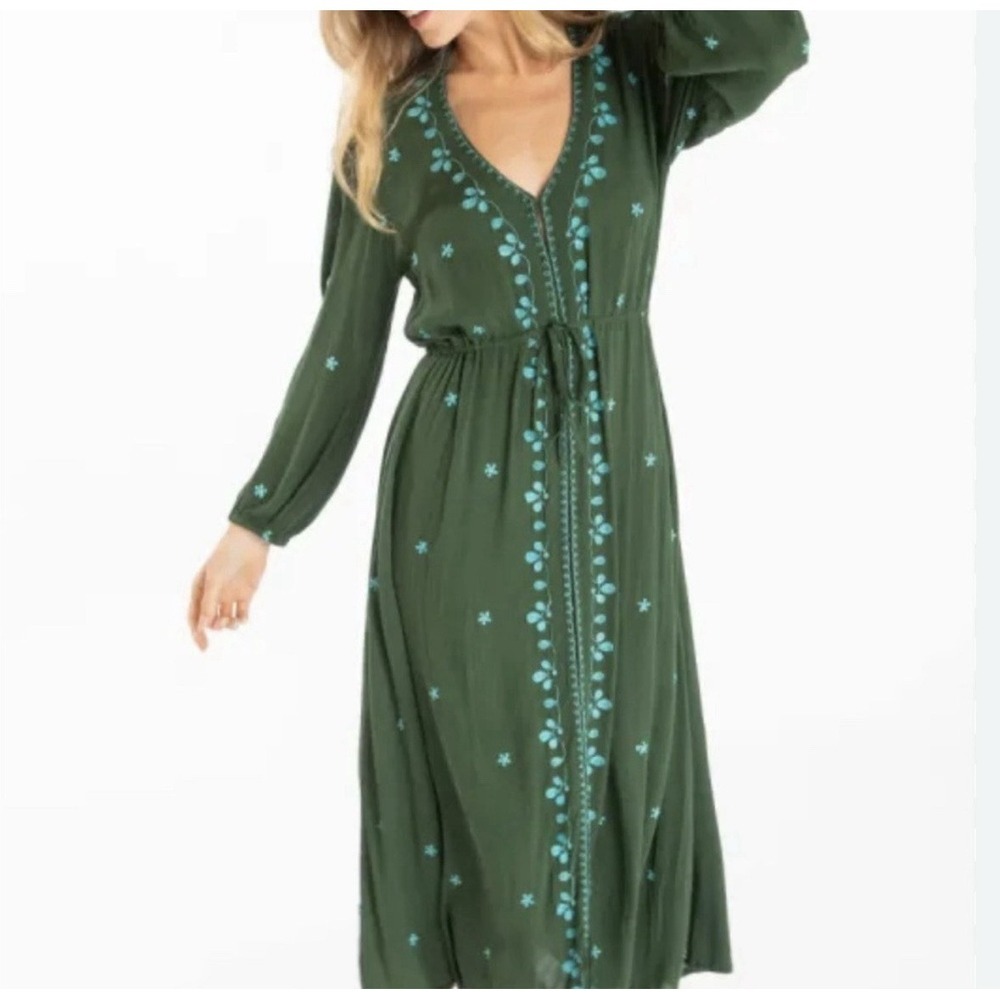 NATURAL LIFE Olive Green Maxi Dress with Teal Embroidery EUC